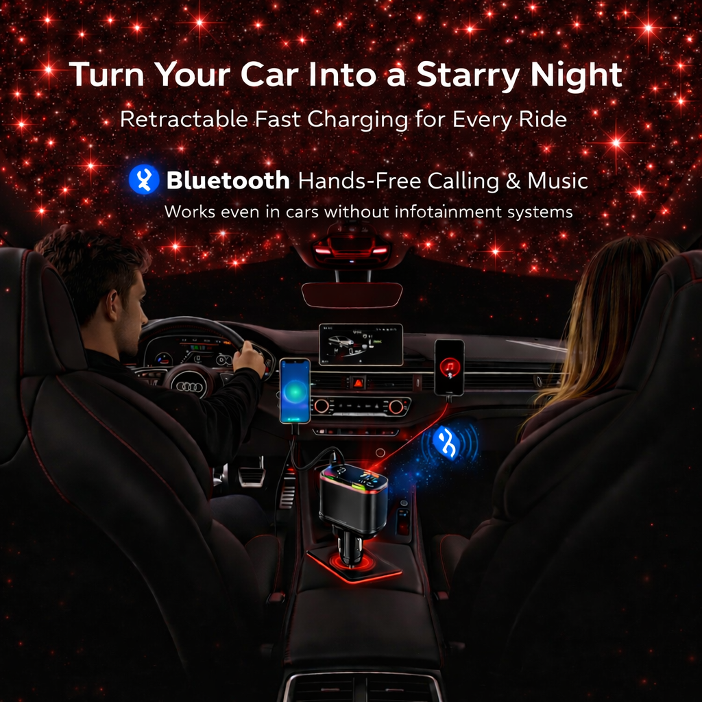 Retractable Fast-Charge Car Charger with FM Transmitter