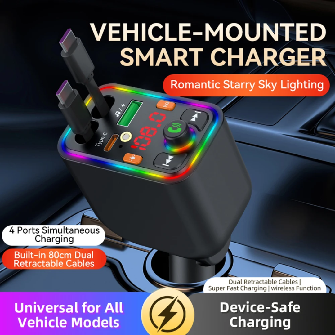 Retractable Fast-Charge Car Charger with FM Transmitter