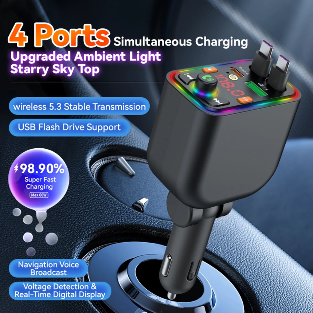 Retractable Fast-Charge Car Charger with FM Transmitter