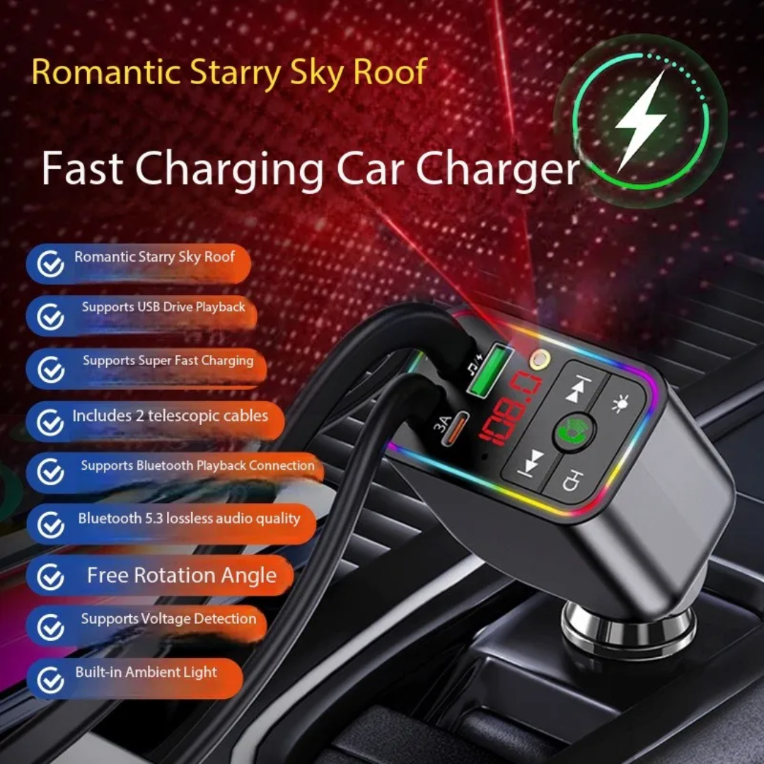 Retractable Fast-Charge Car Charger with FM Transmitter